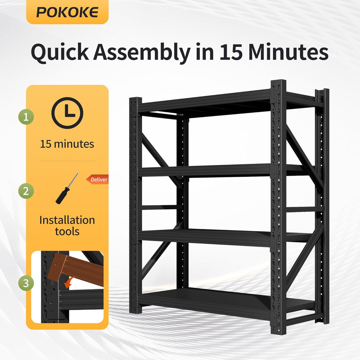 Garage Shelving Unit, 4 Tier Heavy Duty Racks, Easy Assembly, Metal Racks with Adjustable Shelves, 3000 LBS Load Capacity,for Warehouse,Basement (Black, 19.7" D x 31.5" W x 63" H)