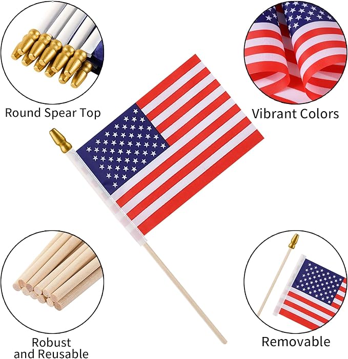 100pcs Small American Flags on Stick, Handheld 8 x 5.5 Inchs Mini American Flags with Kid-Safe Golden Spear Top, US Flags for 4th of July Decorations Outdoor, Independence Day Decorations