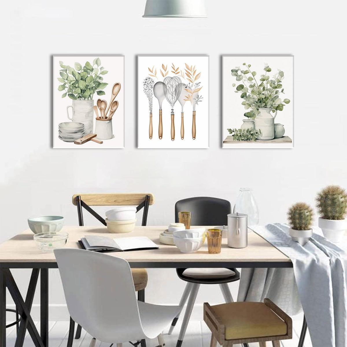 AOYUSMO 3 Piece Kitchen Wall Decor Sage Green Botanical Prints 12"x16"