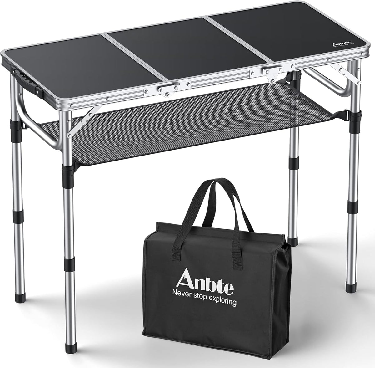 Folding Camping Table with Storage Net, 3ft Camping Table Aluminum Folding Table with 3 Adjustable Height Max 27.1 Inch Picnic Table Portable Table for Outdoor Backyard BBQ, Black