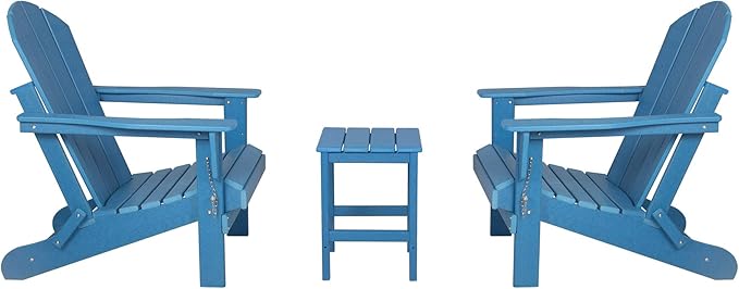 WO Home Furniture Adirondack Chairs Table Set of 3 PCS Outdoor Folding Chairs Side End Table Weather/UV Resistant for Lawn, Garden, Bon Fire, Balcony (Pacific Blue)