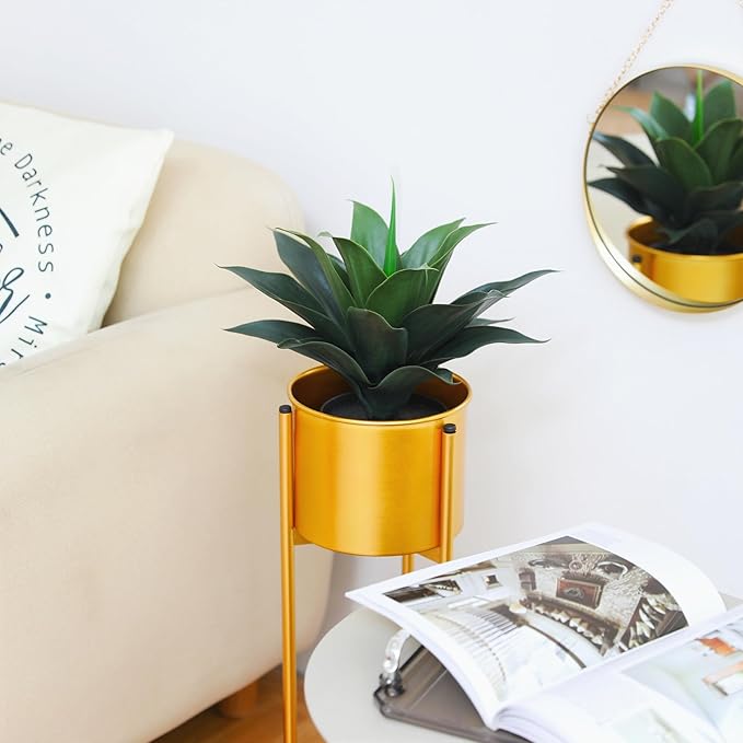 JUSTOYOU 14" Large Artificial Succulent Faux Agave Plant in Pot, Fake Potted Desk Plant Realistic Greenery Artificial Plants for Indoor Office Home Decor Bathroom Kitchen Shelf (Dark Green)