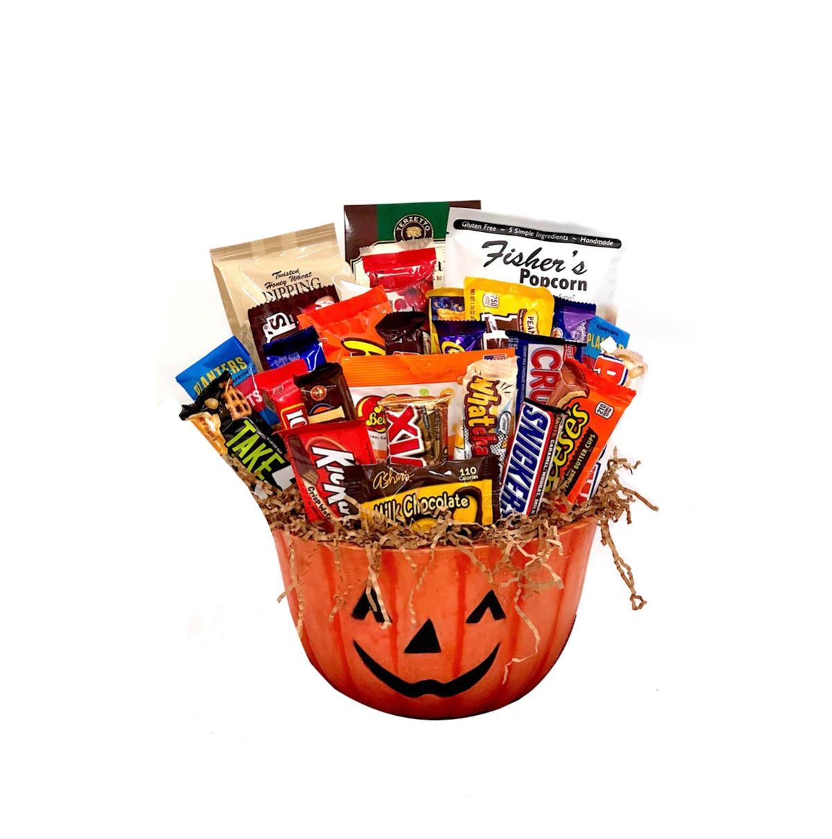 Halloween gourmet gift basket of artisan chocolates, cookies, crunches, and snacks. Perfect for business gifts, birthdays, Halloween parties,