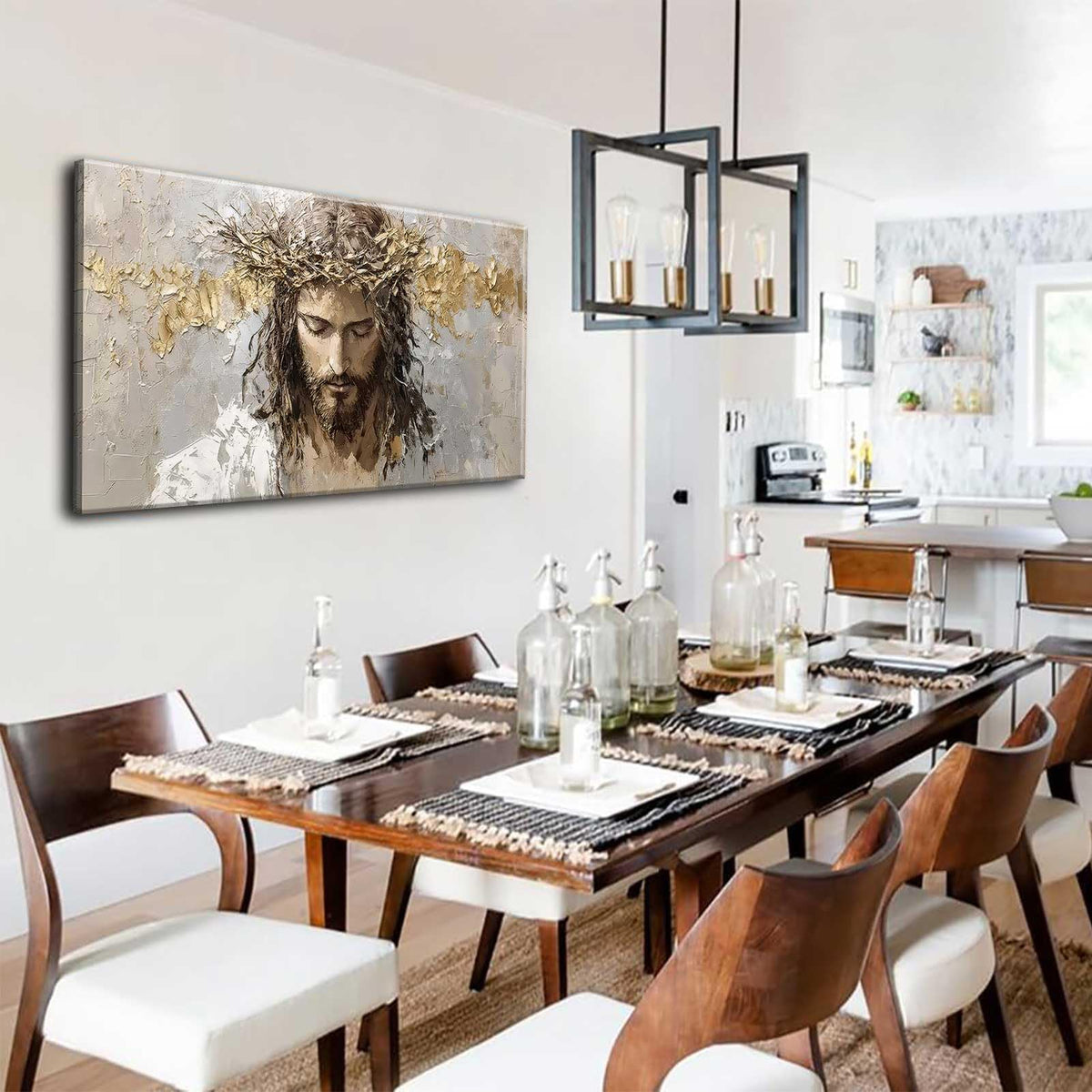 Large Jesus Portrait Canvas Wall Art Abstract Gold Thorns Jesus Painting Decor Pictures Beige Gray Christian God Posters Prints for Dining Living Prayer Room Kitchen Church Wall Bedroom Decoration