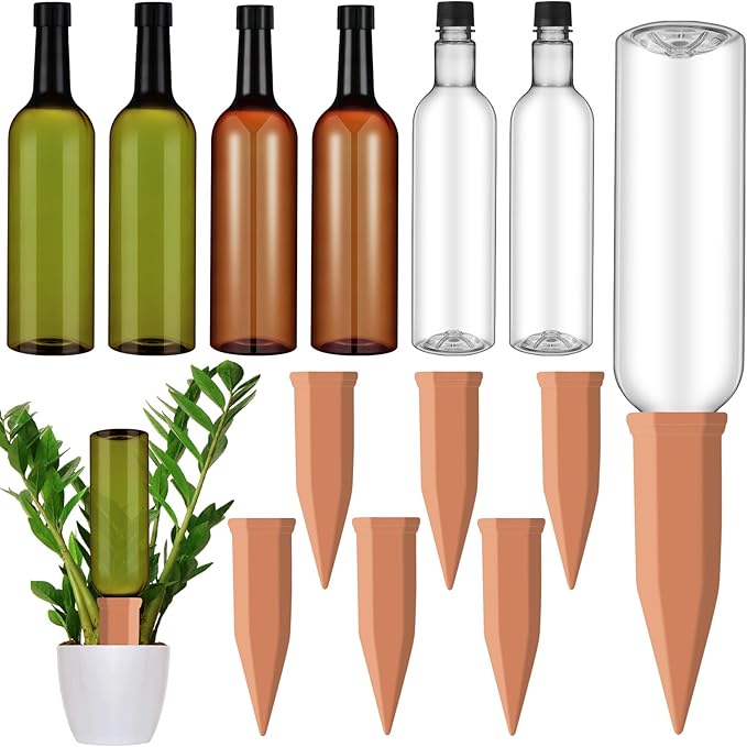 6 Sets Plant Watering Devices Include Terracotta Self Watering Spikes and 26 oz Plastic Bottles, Slow Release Vacation Insert Automatic Plant Waterer Device (Green Clear Brown and Terracotta)