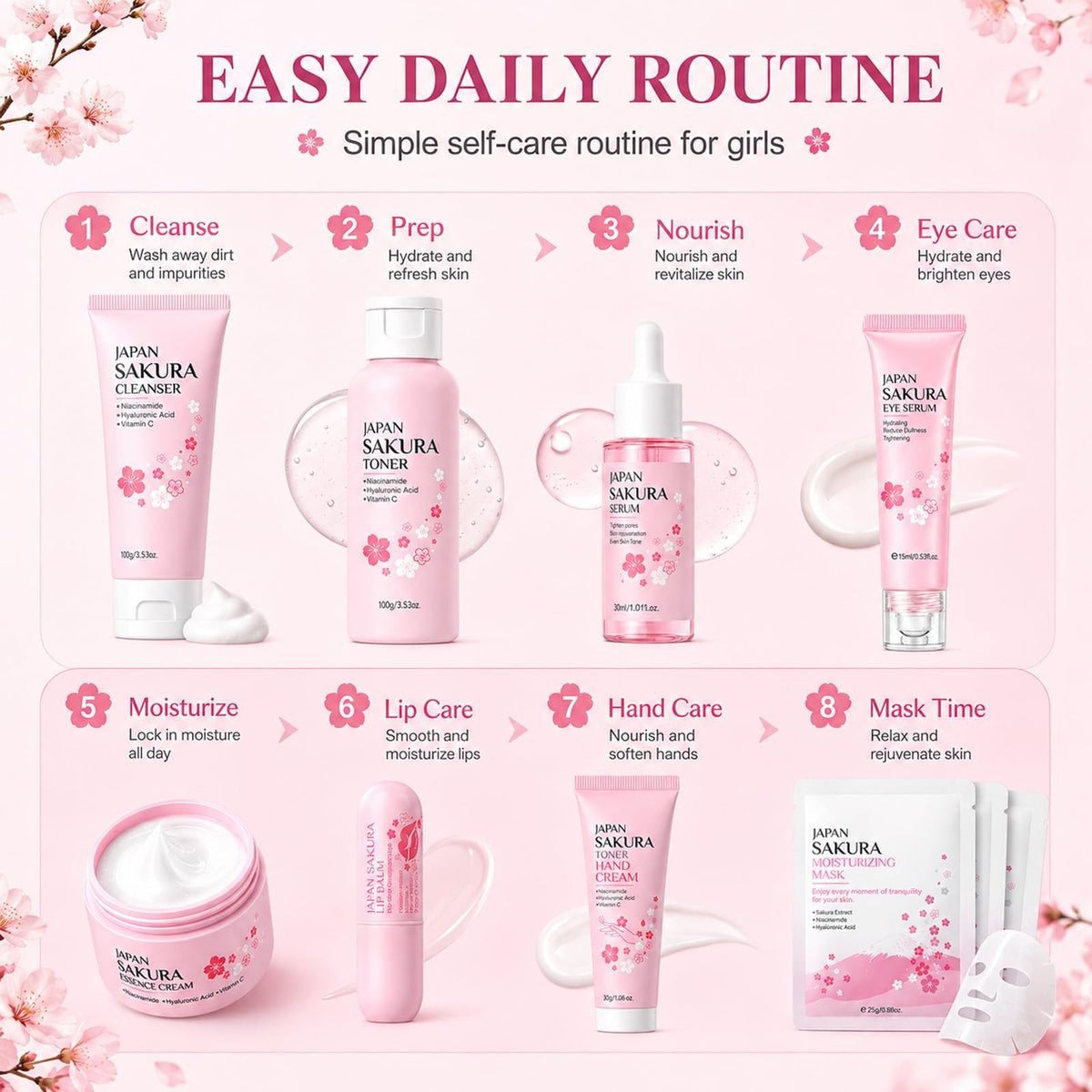 Sakura Skin Care Set for Kids Teen Girls, Birthday Christmas Gifts, 15 PCS