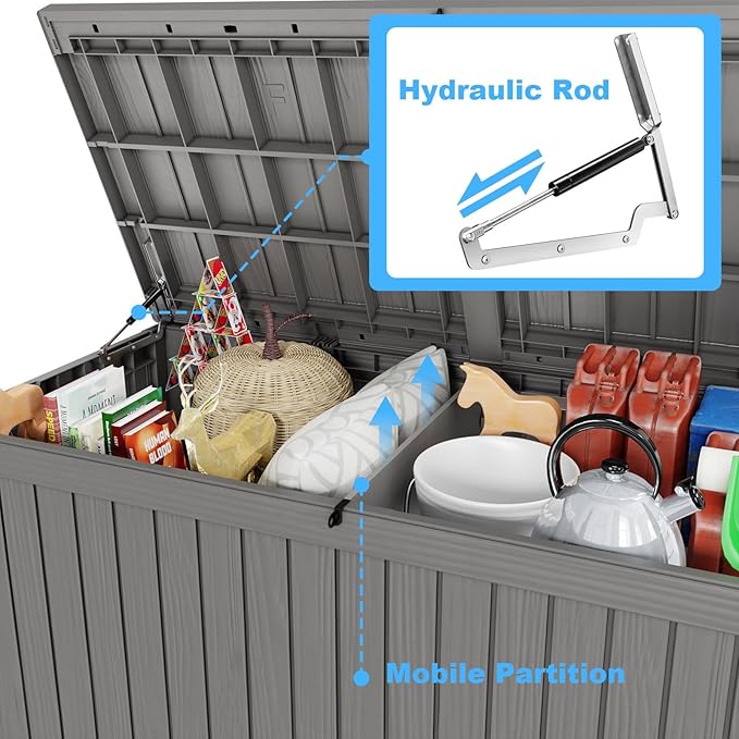 180 Gallon Deck Box,Resin Outdoor Storage Box with Lockable for Patio Furniture, Pool Accessories, Garden Tools Waterproof Outside Storage Box, Grey