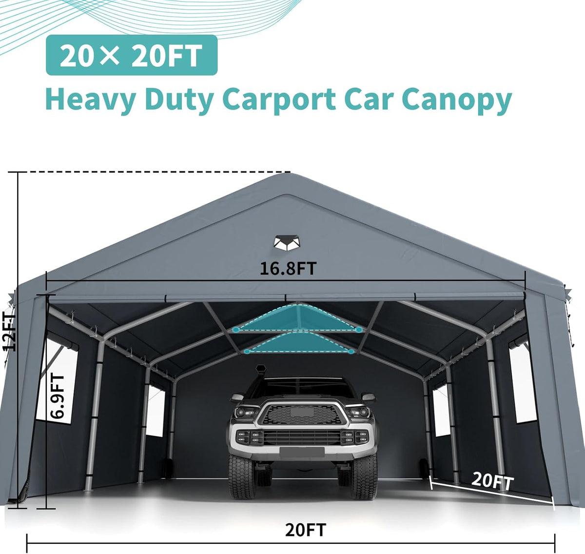 2 Car Carports 20X20 Heavy Duty，Car Ports with 180G Removable Side Walls, Carport Canopy, Portable Car Port Garage, Car Shelter All Weather,Grey