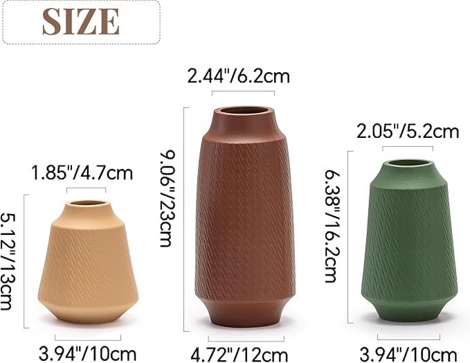 Ceramic Vase Set of 3, Modern Multicolor Pattern Flower Vases for Home Decor, Office, Centerpieces, Boho Farmhouse Style (Red/Green/Orange)