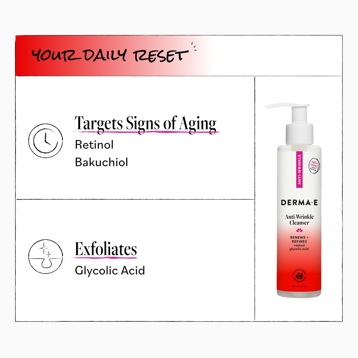 DERMA E Anti-Wrinkle Cleanser for Nighttime with Glyolic Acid, 6 Fl Oz