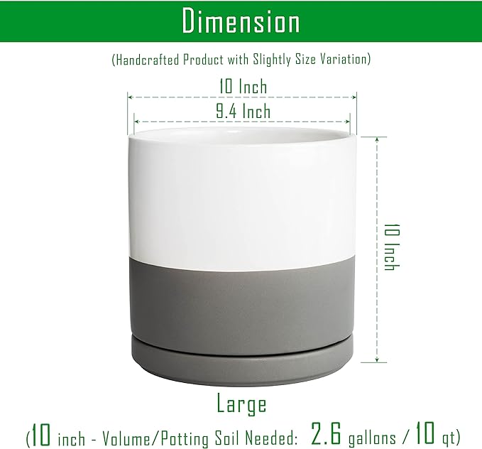 D'vine Dev 10 Inch Ceramic Planter Pot with Drainage Hole and Saucer, Indoor Cylinder Round Planter Pot, White/Speckled Grey, 94-O-E-6