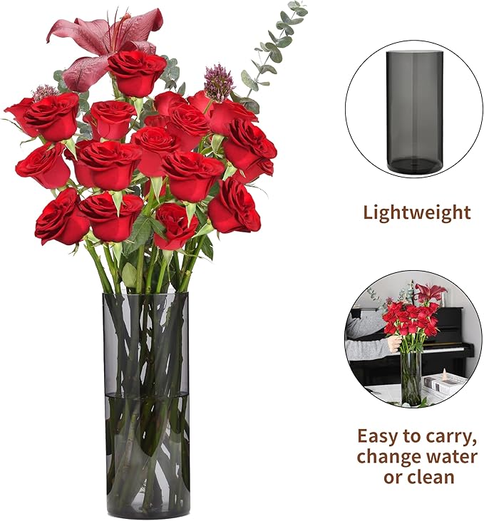 Flower Vase, Non-breakable Vases, 4" W x 8" H, Acrylic Grey Vase, Aesthetic Room Decor Cylindrical Modern Flower Vases for Table Centerpiece, Home Decor, Women Floral Arrangement Gift