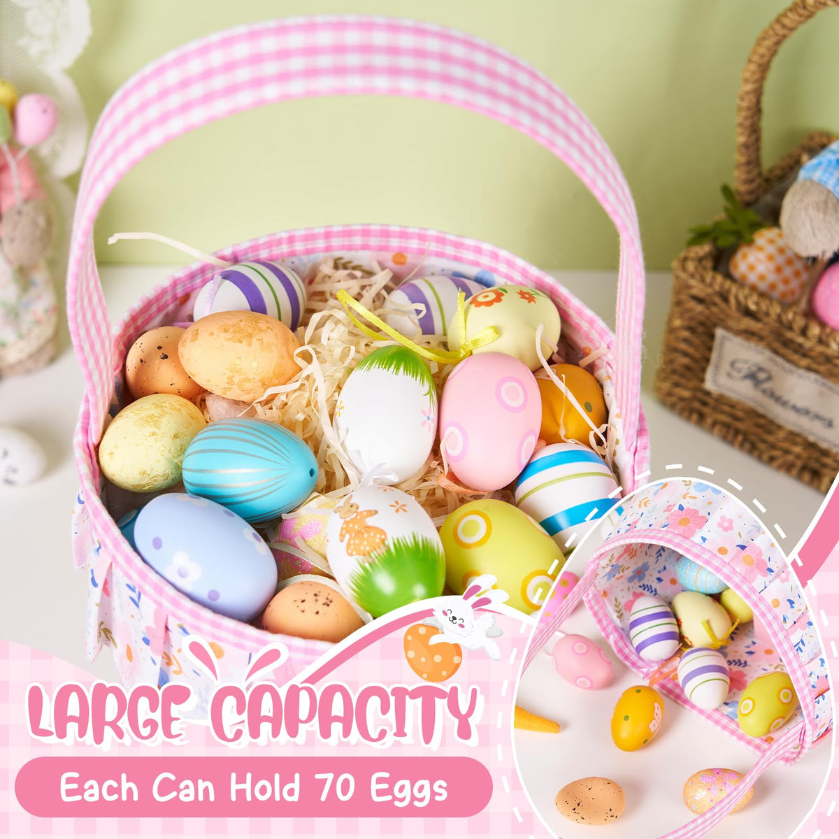 Munidow Easter Baskets for Toddler Boys Set of 2 With Wooden Tag Bunny Egg Basket Gingham Bucket Candy with Handle Tote Bucket Reusable Goody Baskets