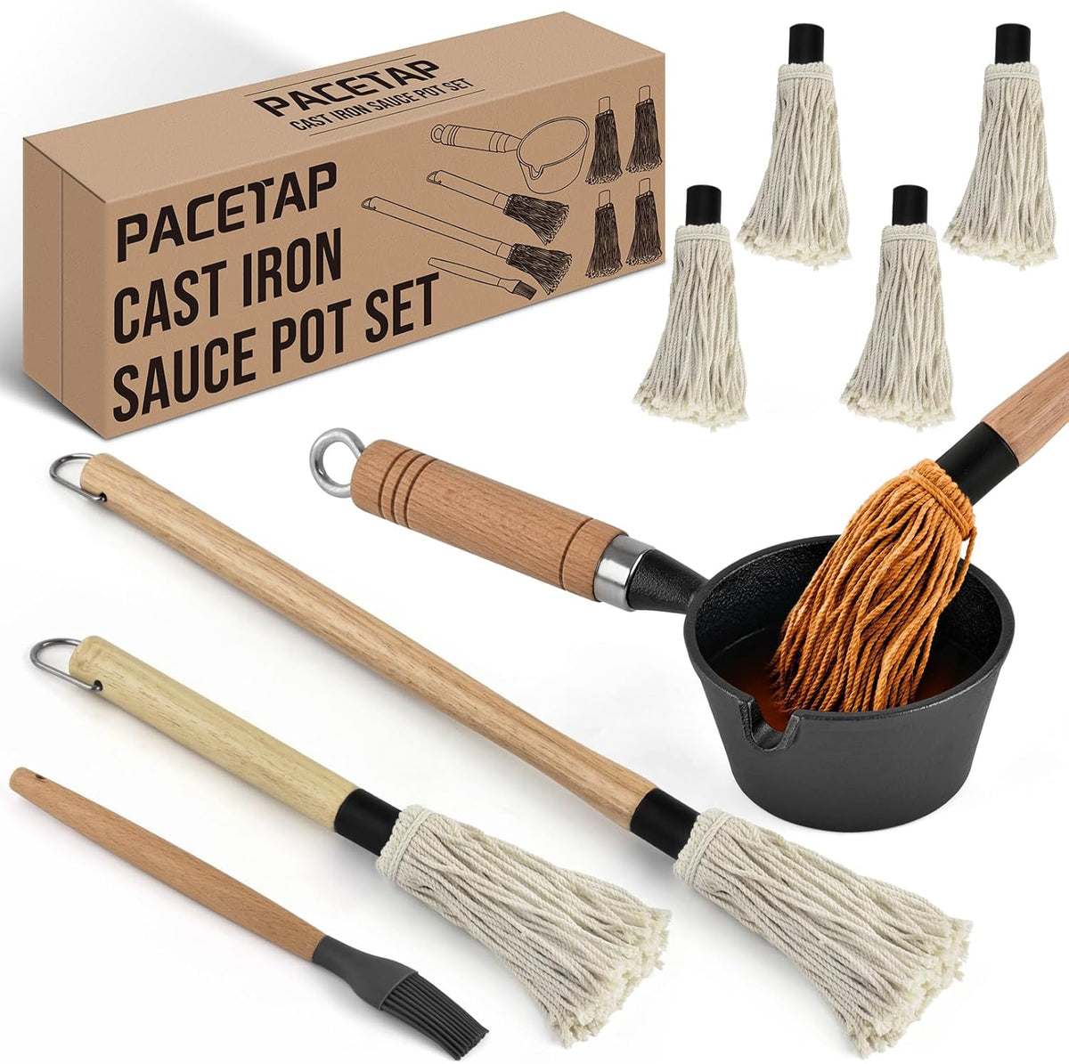 BBQ Mop Brush and Cast Iron Sauce Pot Set, 8Pcs Barbecue Accessories Include Basting Melting Pot, 2 Size Wooden Handle Sauce Mops with 4Pcs Replacements and Oil Brush for Meat Smoker, Grill, Stove