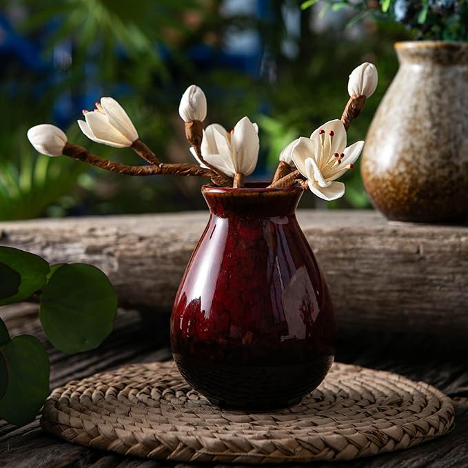 JOJUNO Glazed Rustic Bud Vase Set of 4 - Small Ceramic Mini Pottery Vases in White, Yellow, Green, Red - Ideal for Fresh & Dried Flowers - Modern Farmhouse Décor for Living Room, Shelves, Dining Table