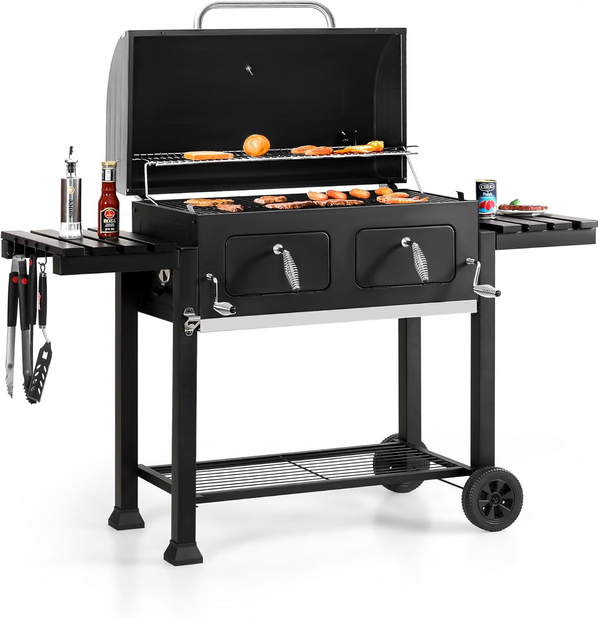 Sophia & William Extra Large Charcoal BBQ Grills with 794 SQ.IN. Cooking Area, Heavy Duty Outdoor Barbecue Grill with 2 Individual Lifting Charcoal Tray and 2 Foldable Side Table, Black