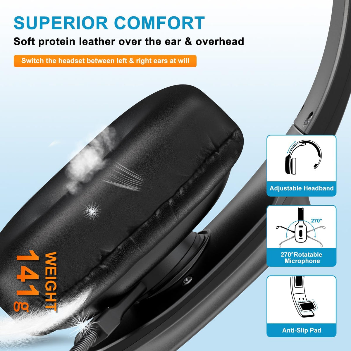 Bluetooth Headset, 60hrs Noise Canceling V5.2 Over Head Headphones, Single Ear Trucker Wireless Headset with Mic, Mute Button, Multipoint, for Phones PC Computer Truck Driver Office Work - Black
