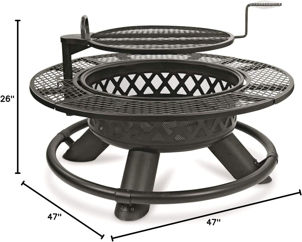Castlecreek 47" Fire Pit BBQ Grill Outdoor Wood Burning Steel Log Firepit for Camping, Grilling, Smores, Yard, Cooking Outside, Barbecue, Bonfire Geometric