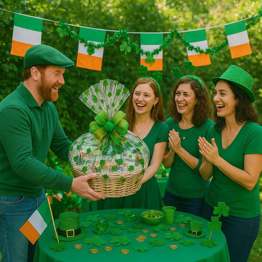 St. Patrick’s Day Gift Basket with Chocolate, Candy & Snacks - 12 Inch Shamrock Wrapped Gift Basket - Irish Holiday Treats for Family, Friends