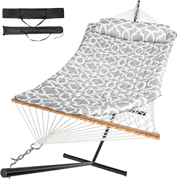 2 Person Outdoor Hammock with Stand, Cotton Rope Hammock with Polyester Pad, Adjustable Steel Frame, Portable with Carrying Bag – for Patio, Backyard, Garden, Beach, Cloud-Gray