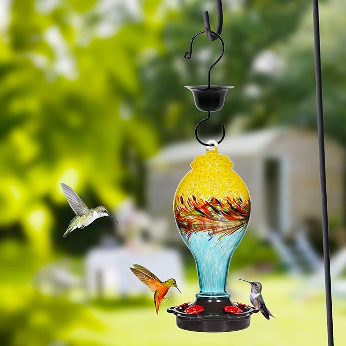 LUJII Hand Blown Glass Hummingbird Feeder for Outdoors with Ant Moat, Leak Proof & Rustproof, 25 fl.oz, Metal Base Cover with 5 Feeding Ports & Perches, Glass Art for Garden Decor (Blue Mixed Yellow)