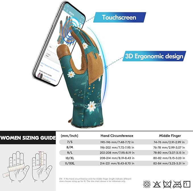 Vgo... 1Pair Gardening Gloves for Women, Goatskin leather Thorn Proof Working Gloves for Weeding, Digging, Raking, Pruning and Planting,Touchscreen(L,Dark Green,GA7471)