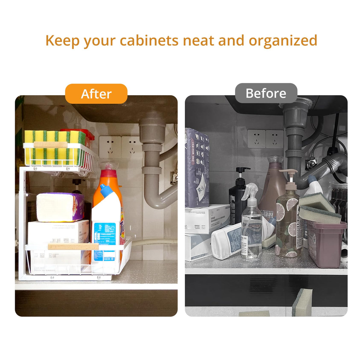 whalenoble Under Sink Organizer, 2 Tier Pull Out Cabinet Organizers and Storage for Kitchen Bathroom Pantry Laundry, Adjustable Height, Slide Out Thickened Metal Storage Shelf (Black, 1 Pack)
