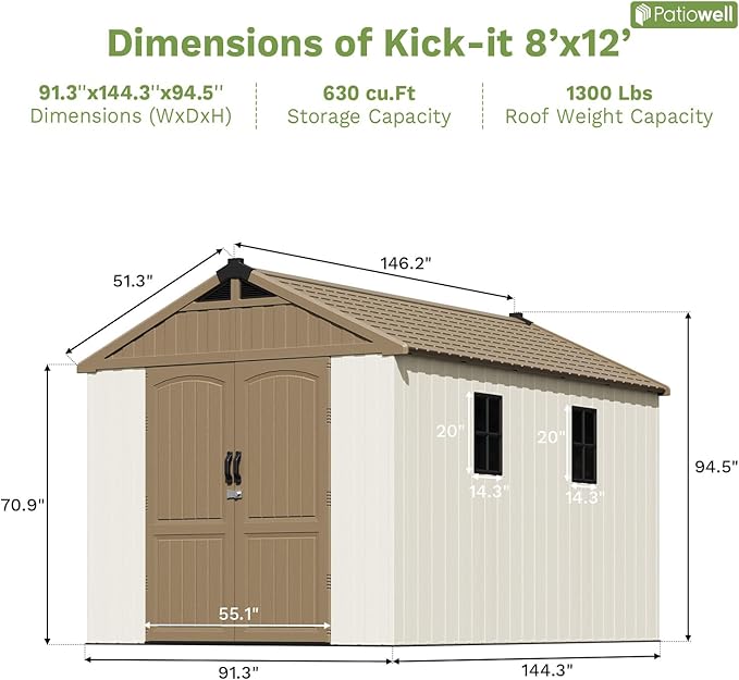 Patiowell 8 x 12 FT Plastic Outdoor Storage Shed with Floor, Resin Shed with Window and Lockable Door for Garden, Backyard, Tool Storage Use, Easy to Install in Brown (Kick-it Shed)