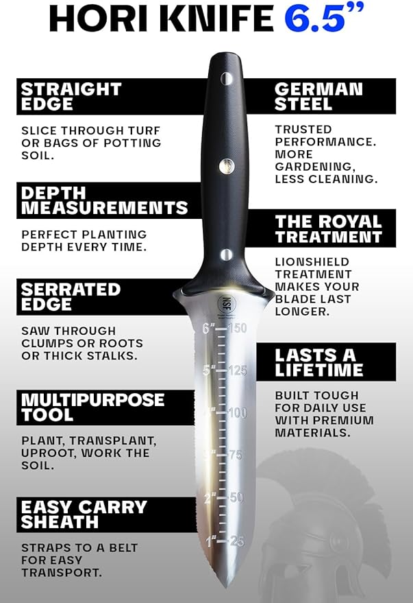 DALSTRONG Hori Hori Garden Knife - 6.5 inch - Straight Edge + Serrated Edge - Gladiator Series Elite - Forged German Steel - Sheath Guard Included - Weeding, Cutting, Digging, Planting - NSF Certified