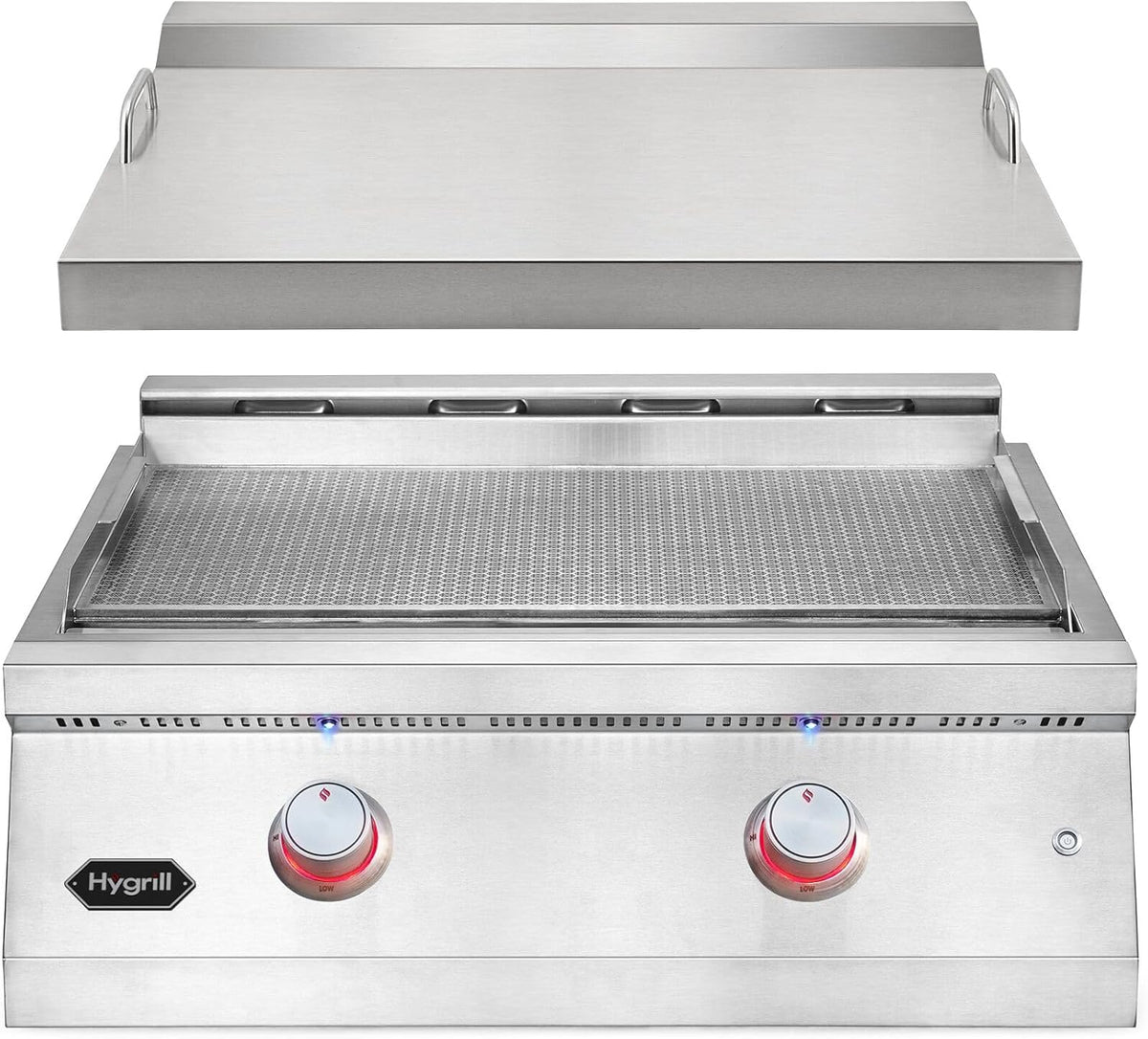 Hygrill 30-Inch Premium Built-In Natural Gas Griddle for Outdoor Kitchen, Durable 304 Stainless Steel 2-Burner Flat Top Grill with Lid and LED lights