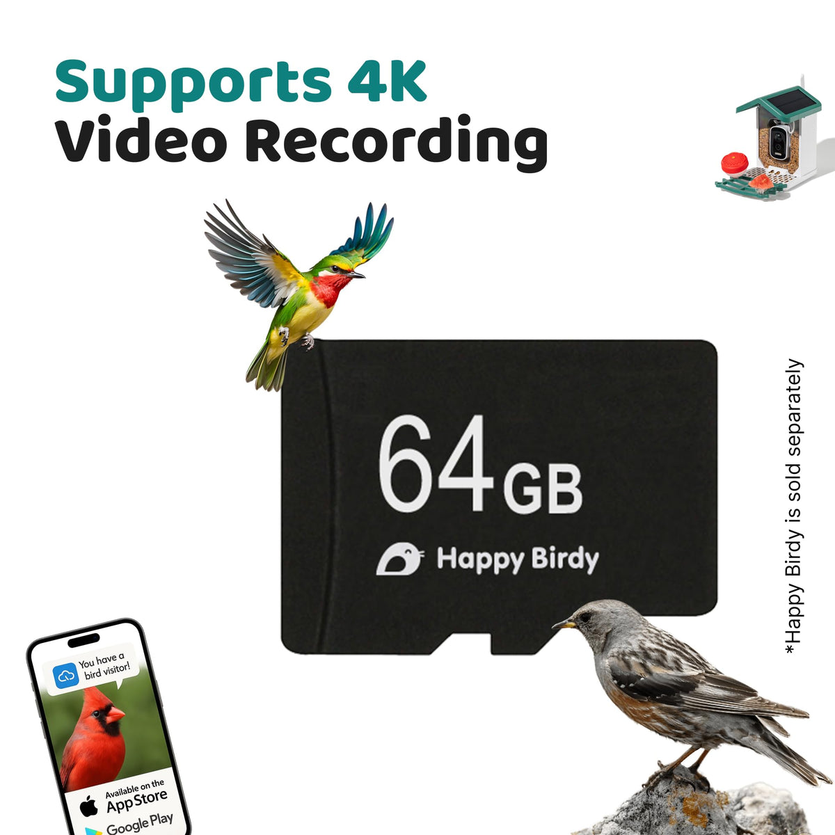 WuzuTech Happy Birdy 64GB MicroSD Card – TF Memory Card for Happy Birdy Smart Feeder | U3 A1 | 4K Video Recording | Waterproof, Heat-Resistant & Shockproof