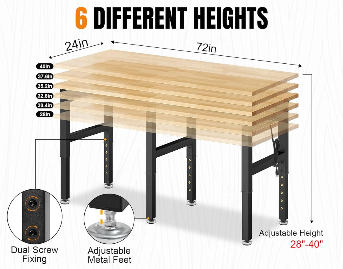 72” Adjustable Height Workbench, 5000 LBS Heavy Duty Table Rubber Wood Workstation with Power Outlet & Pegboard for Garage, Office, Workshop, Home,Commercial