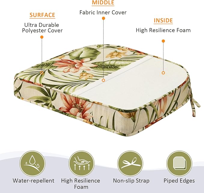 Round Corner Seat Cushions, 17" x 16" x 2", Set of 4, Indoor Outdoor Water Repellent Universal Chair Pads with Ties for Patio Furniture, Garden Deck Dining Chairs, Leaf and Flower