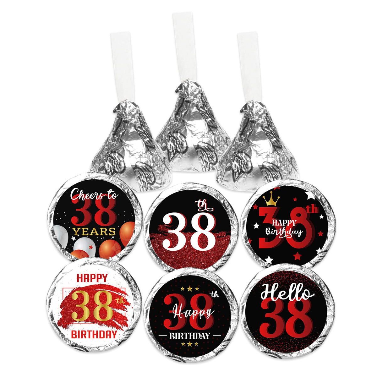 Happy 38th Birthday Party Favor Labels Chocolate Candy Stickers - Thirty Eight Years Old Birthday Round Candy Sticker Party Favors - Black and Red