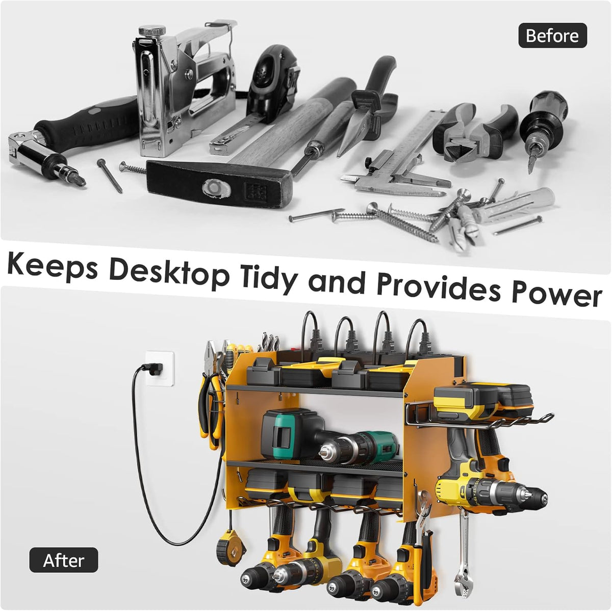 CCCEI Modular Power Tool Organizer Wall Mount Charging Station, Yellow 6 Drills Holder with 8 Plug Power Strip, Garage Drill Battery Heavy Duty Metal Shelf, Utility Rack with Hooks, Side Storage.