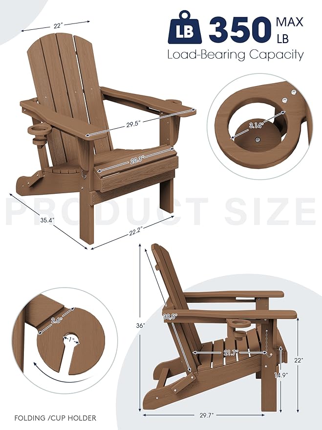 KINGYES Folding Adirondack Chair Set of 2, Dual Cup Holders & All-Weather HDPE, Wood-Like Patio Chair for Backyard, Camping, Pool & Fire Pit, Brown