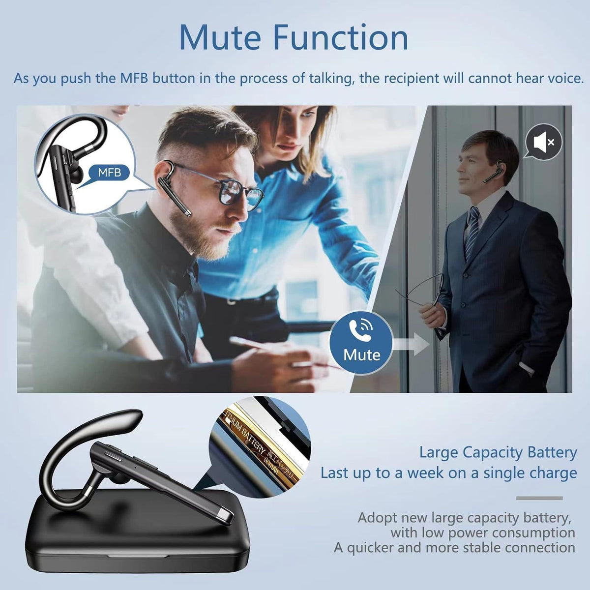 Bluetooth Headset, Bluetooth Wireless Earpiece with mic Trucker Headset for Phone Case Office Phones with Built-in Microphone Manos Libres Noise Cancelling(Black)