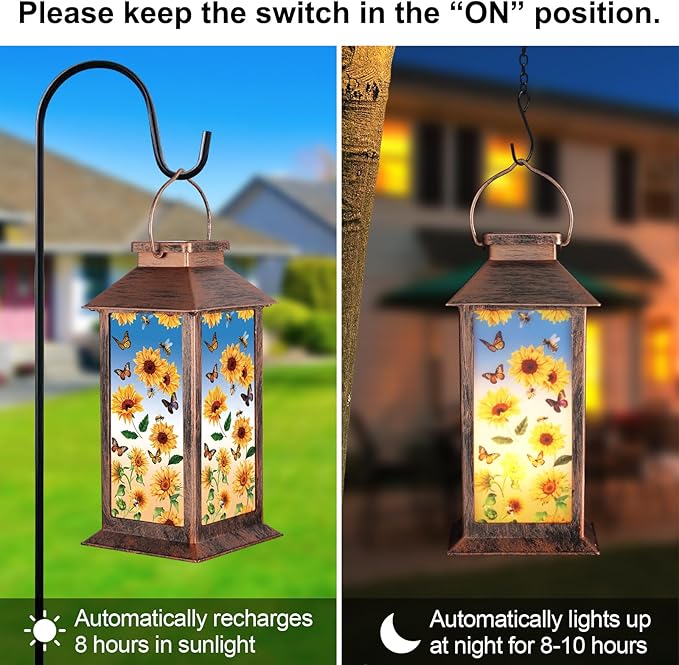 Solar Lantern Outdoor Waterproof Sunflower Butterfly Garden Decor Birthday Gifts for Women Mom and Grandma Solar LED Plastic Decorative Hanging Light for Yard(Sunflower Butterfly)