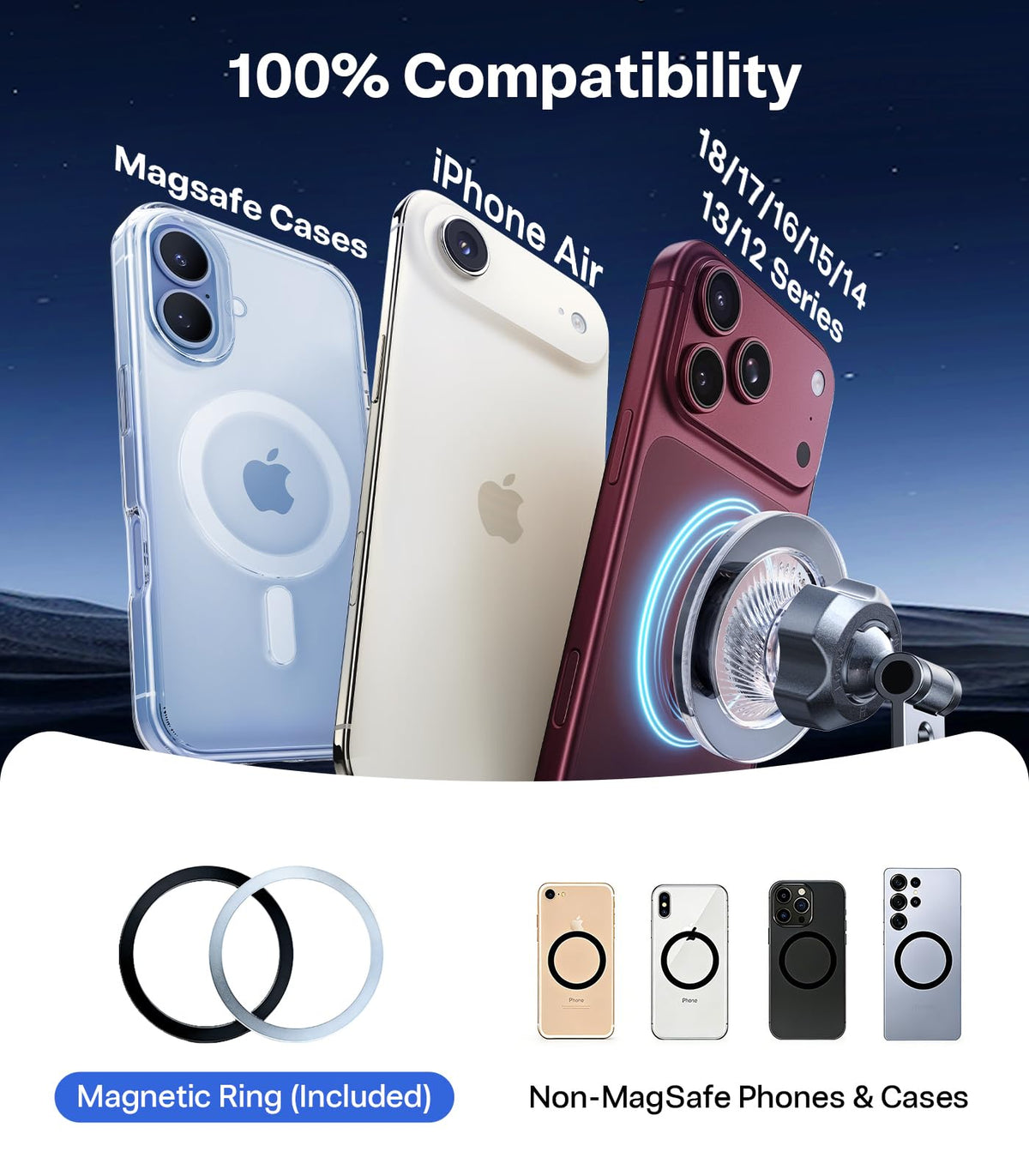 TORRAS 2026 Upgraded Vacuum Car Phone Holder for MagSafe Car Mount [98+ LBS Strongest Suction | 24 N58 Magnets] 360° Adjustable Magnetic Phone Holders for Your Car, for iPhone 18-12 Pro Max Plus Air