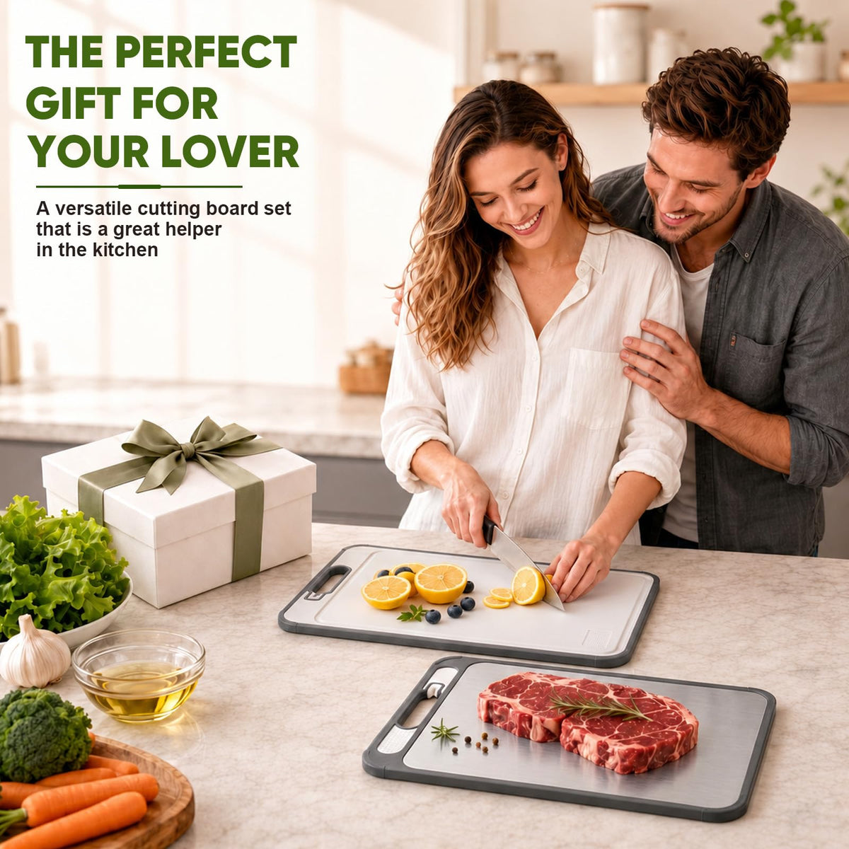 Titanium Cutting Board for Kitchen, Double-Sided Cutting Board with Pure Titanium Side & Food-Grade PP Side, Knife Sharpener, Juice Groove, Dishwasher Safe, 15" × 10.4"