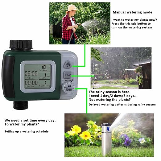 Automatic Watering System Water Timer Easy to Program Three Modes Automatic Sprinkler Rain Delayed Watering Manual Watering Outdoor Use