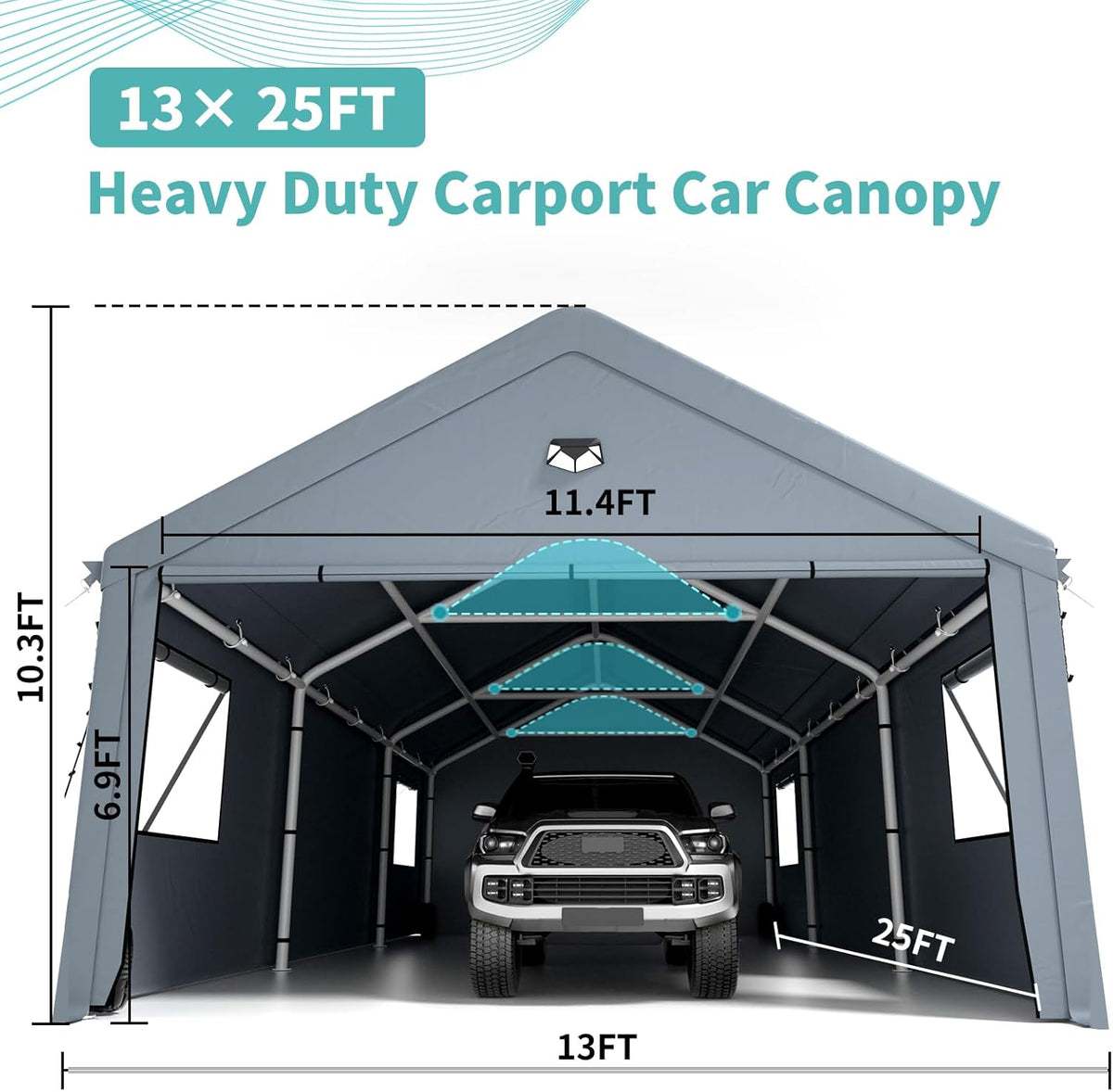 Carports 13X25 Heavy Duty,Car Ports with 180G Removable Side Wall,Portable Car Port Garage,Carport Canopy, Car Shelter All Weather,Grey