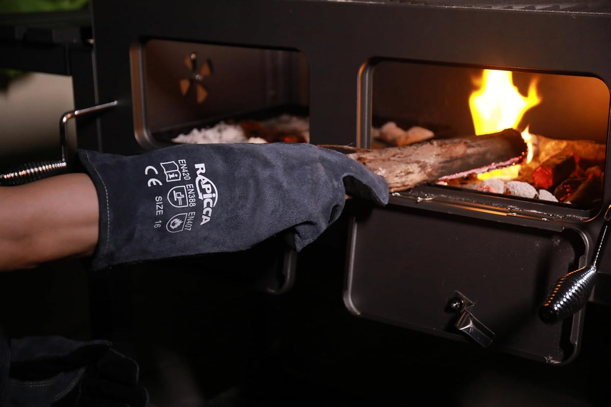 RAPICCA Fireplace Gloves Fire Heat Resistant: Grey 16IN 662℉- Fireproof Leather for Fireplace Fire pit Wood stove Campfire Furnace BBQ Grill Oven Stick Mig Welding Welder Gear - Birthday Gift for men