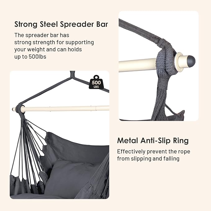 Highwild Hammock Chair Hanging Rope Swing - Max 500 Lbs - 2 Cushions Included - Steel Spreader Bar with Anti-Slip Rings - for Any Indoor or Outdoor Spaces (Grey)