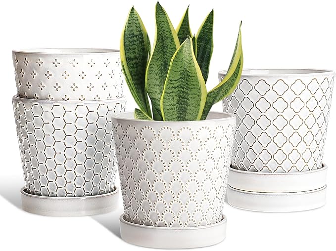 EFISPSS Ceramic Plant Pots Indoor, 5 Inch Planters with Drainage Holes and Ceramic Tray, Relief Design Flower Planter, Desktop Office Windowsill Decoration Gift Set of 4, White