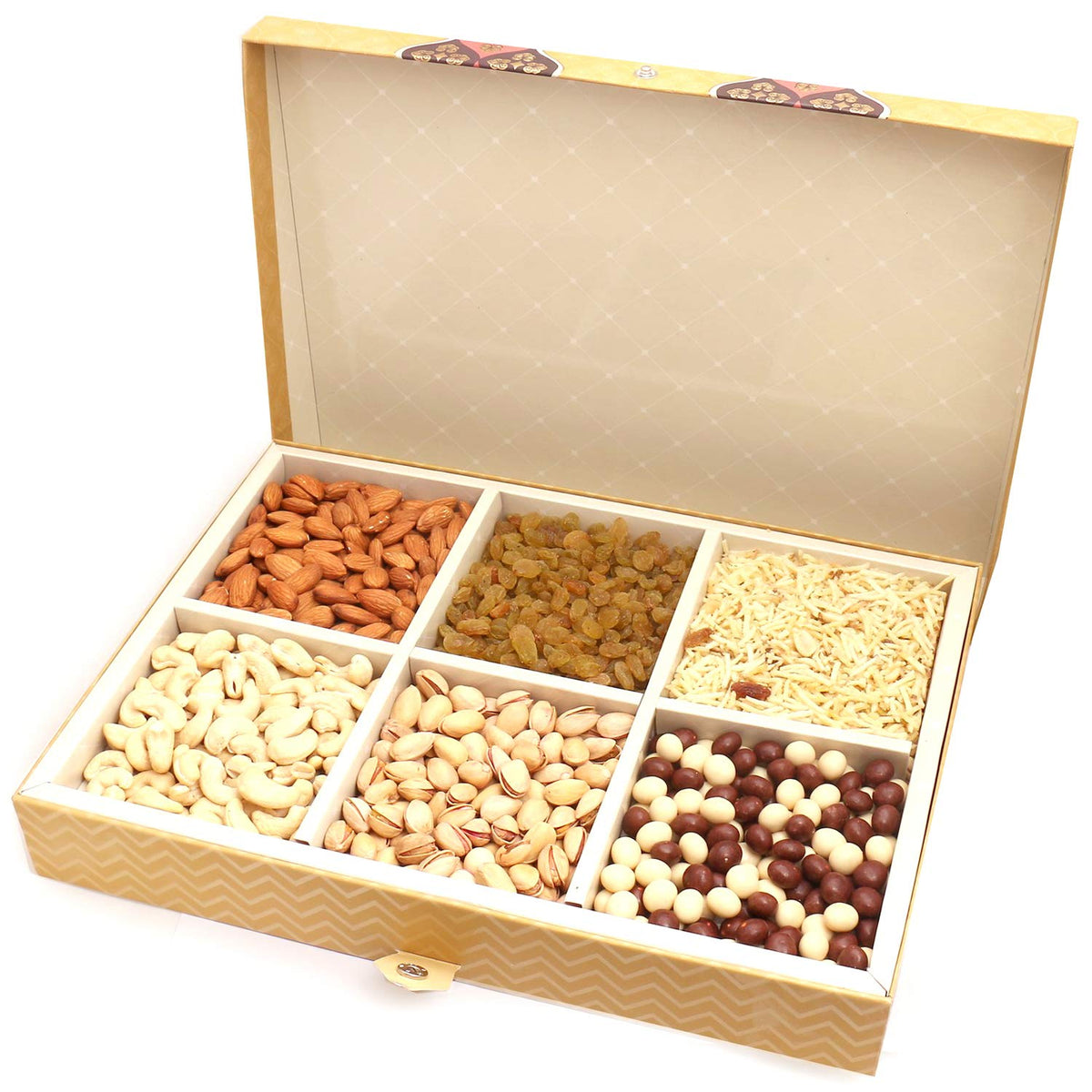 Ghasitaram Gifts Diwali Gifts Diwali Dryfruit - Gold 6 Print Hamper Box with Dryfruits, Namkeen and Nutties 1500 GMS