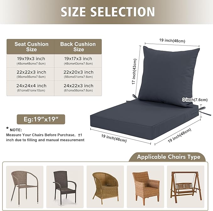 24x24 Inch Outdoor Cushions for Patio Furniture Set of 2, Waterproof Outdoor Chair Cushions w/Fade-Resistant, Removable & Machine-Washable Covers, Deep Seat Sofa/Couch Pads Replacement, Dark Grey