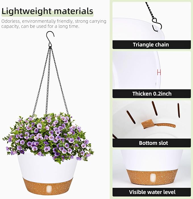 QCQHDU 2 Pack Hanging Planters for Indoor Outdoor Plants, 10 Inch Hanging Baskets Flower Pots with Reservoir Tray & Visible Water-Level