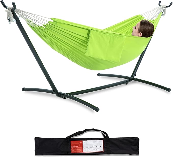 PNAEUT Double Hammocks with Stand for Outside, Portable Space Saving Heavy-Duty Steel Stand for Indoor Outdoor Patio with Carrying Bag, 450 lbs Capacity (Green)