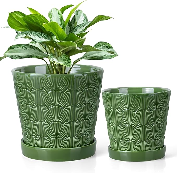 EFISPSS 5+6 Inch Plant Pot, Ceramic Pots for Plants with Drainage, Flower Pots Indoor Pots for Plants, Modern Flower Pots for Home and Office Windowsill Decoration Gift Set of 2 - Patina